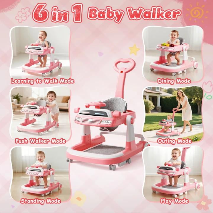 WonderStone 6 in 1 Baby Walker, Height-Adjustable Push Walker with Music & Light Toys, Baby Bouncer & Activity Center for Boys and Girls 6-18 Months (Pink)