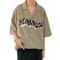 thumbnail image 3 of Camisa con cuello entallado para hombre, Camisa ajustada informal con estampado de letras y hombros caídos, media manga para verano, 3 of 8