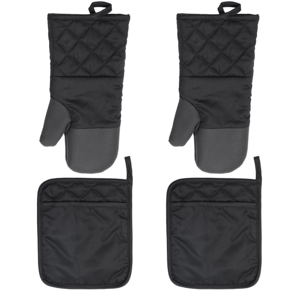 4 Pcs Oven Mitts Set, Heat-Insulating Cotton Cooking Gloves with Silicone, Long Kitchen Potholder with Pouch, Anti-Slip Oven Gloves Set for Baking, BBQ Grilling, DIY Crafting