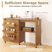 Costway Folding Sewing Machine Table Lockable Casters Rack with 3 Storage Bins & Power Outlets Natural
