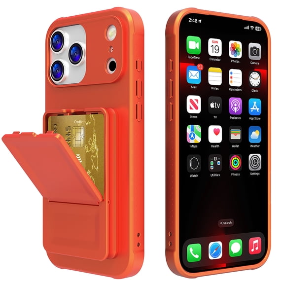 Allytechgroup iPhone 17 Pro Case with Card Slots & Makeup Mirror, Rugged Shockproof Kickstand Bumper  Protective Hard PC Cover Phone Case for Apple iPhone 17 Pro, Orange