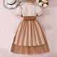 thumbnail image 5 of Vestido Formal de Manga Corta Vestido de Malla de Solapa de Color Sólido para Niños con Mangas Hinchadas Y Falda en Capas, Cintura de Contraste con Arco, Casual Y Cómodo para Niños de Mediano a Grande, 5 of 7