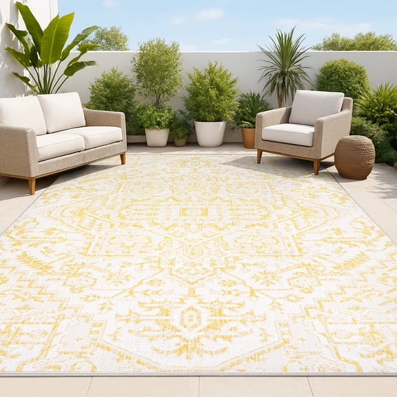 JONATHAN Y SANTA MONICA 9 x 12 Area Rug, Estrella Bohemian Medallion Textured Weave - Cream/Yellow, SMB105H-9