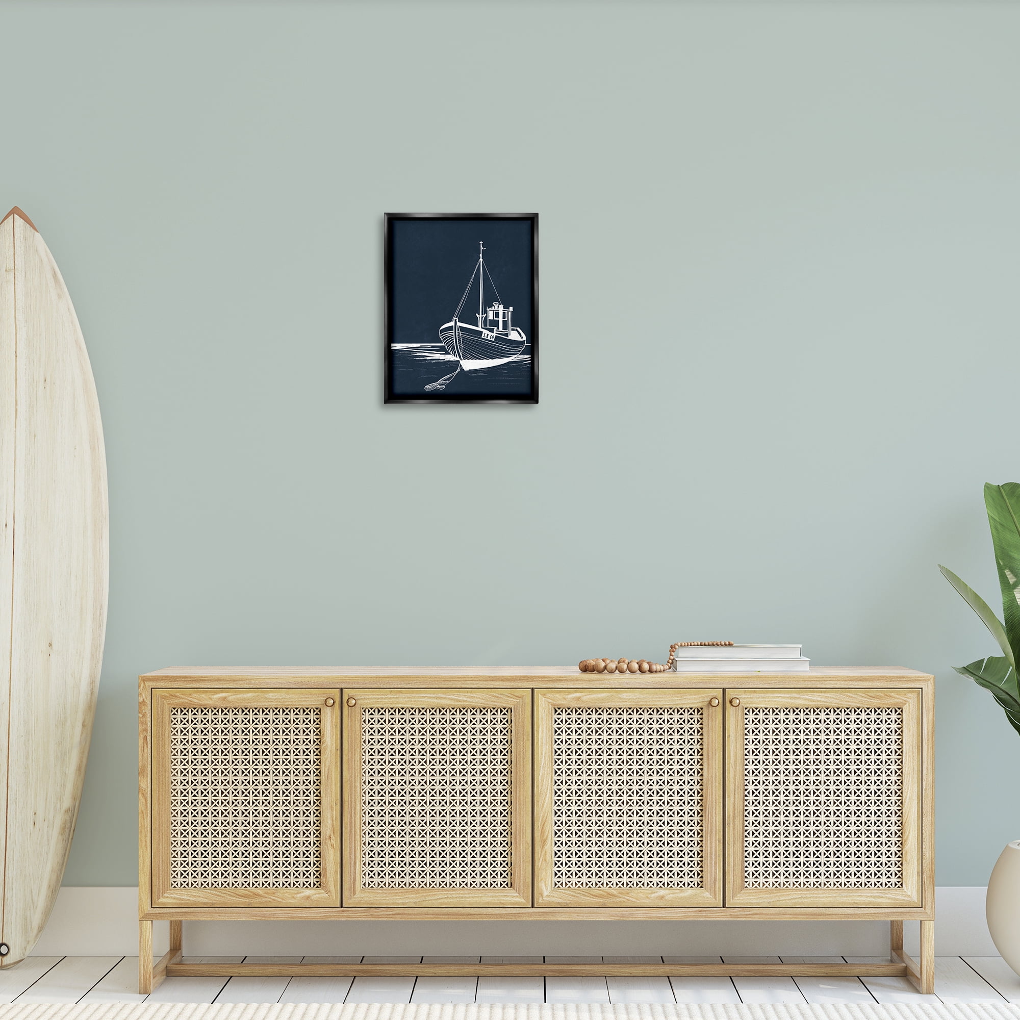 Stupell Industries White Outline Sailboat Transportation Painting Black Floater Framed Canvas Art Print Wall Art, 17 x 21