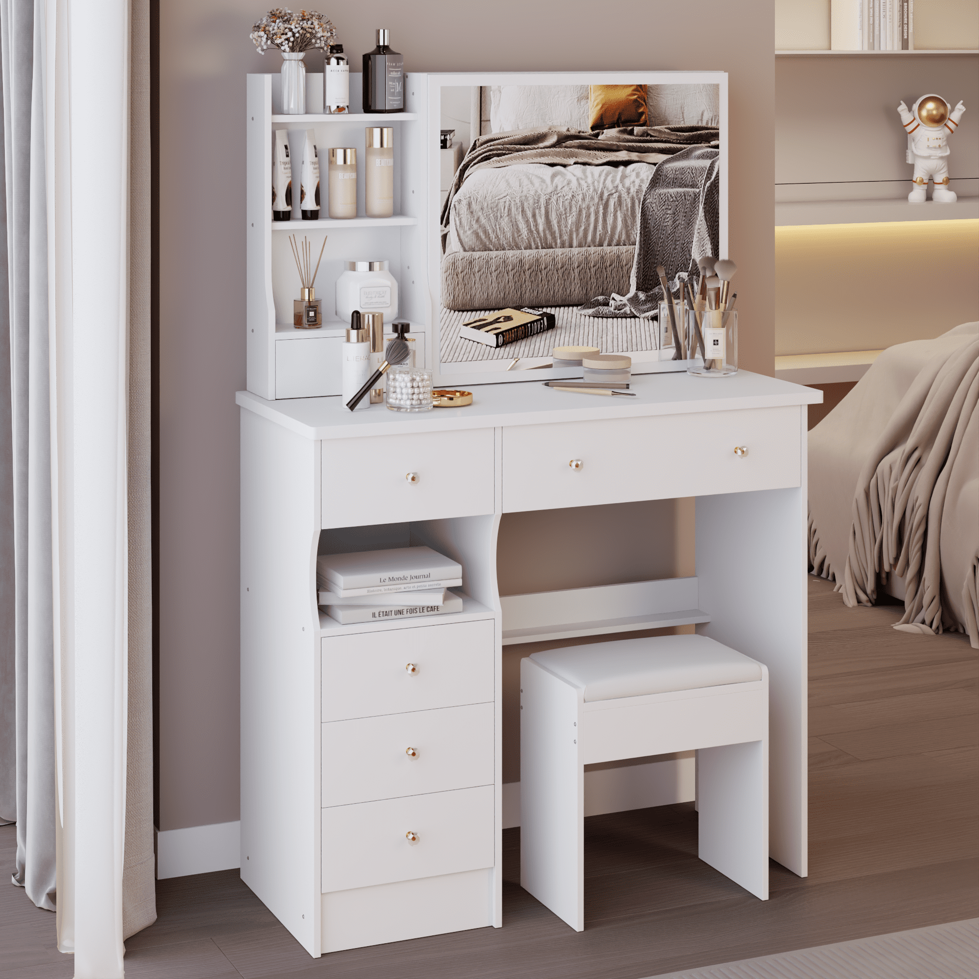 Drawer Desktop Vanity Table + Cushioned Stool, Multi Layer High Capacity Storage, Practical Fashionable Dresser White 37"