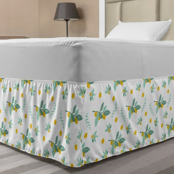 Lemons Bed Skirt, Citrus Fruits on Branches with Green Leaves Tropical Pattern, Elastic Bedskirt Dust Ruffle Wrap Around for Bedding Decor, 4 Sizes, Jade Green Almond Green, by Ambesonne