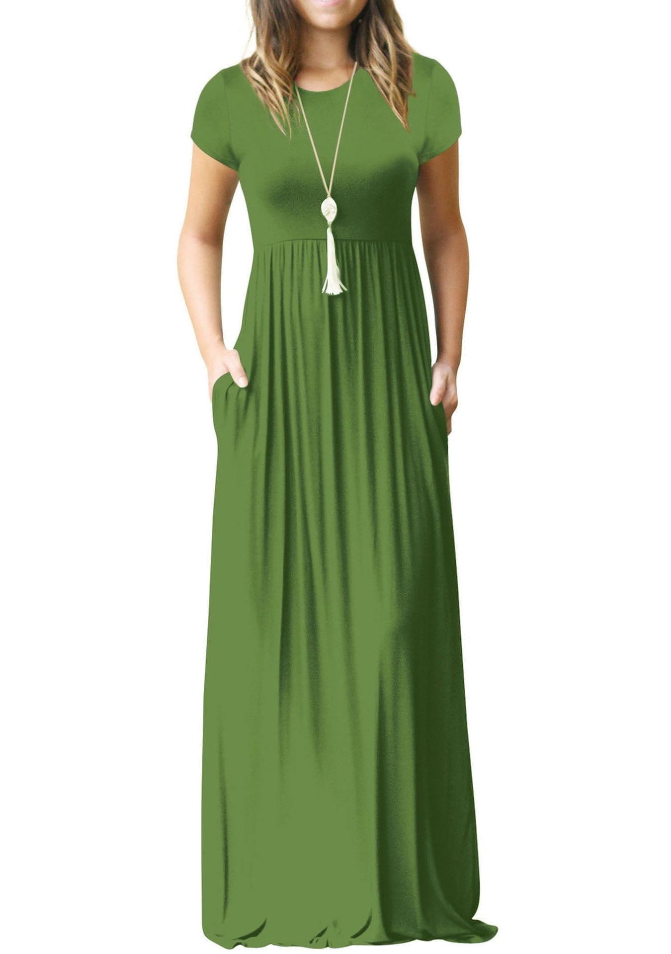 Mengpipi Women's Maxi Dresses Short Sleeve Long Casual Dresses Loose Plain with Pockets, Army Green-L(US 12-14)