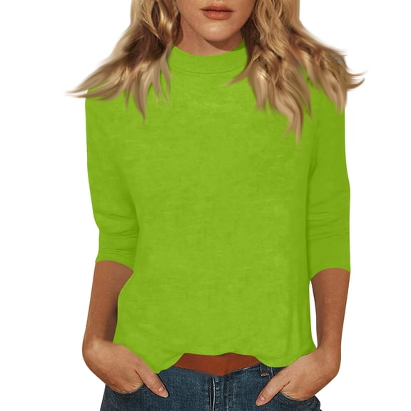 Lumtrix 3/4 Sleeve Tops For Women Loose Fit Mock Neck Cute Shirts Casual Layering Basic Tees Loose Fit Pullover Blouse Green M