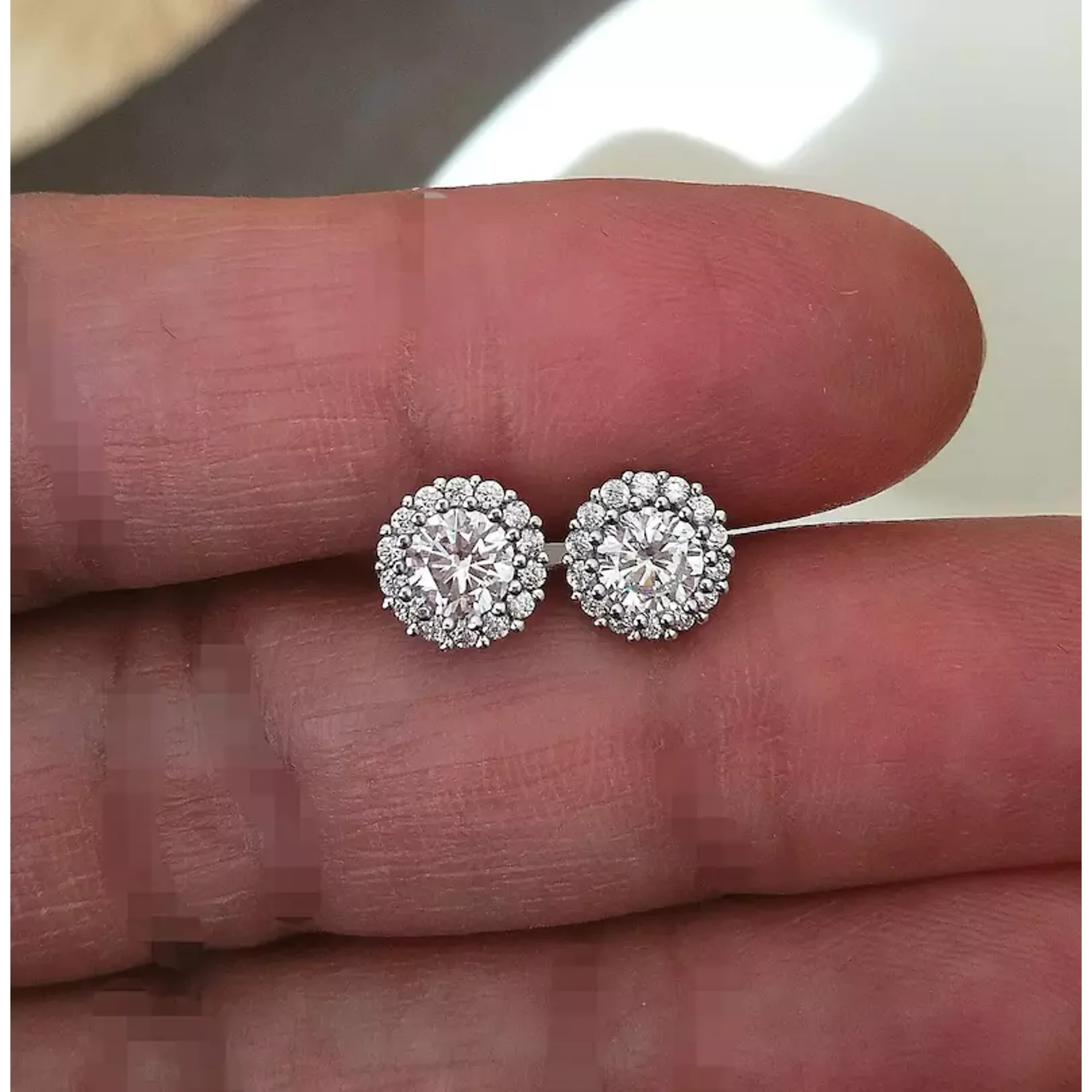 1.62 Ct Round CZ Diamond Halo Stud Earrings, 14K White Gold Plated Sterling Silver