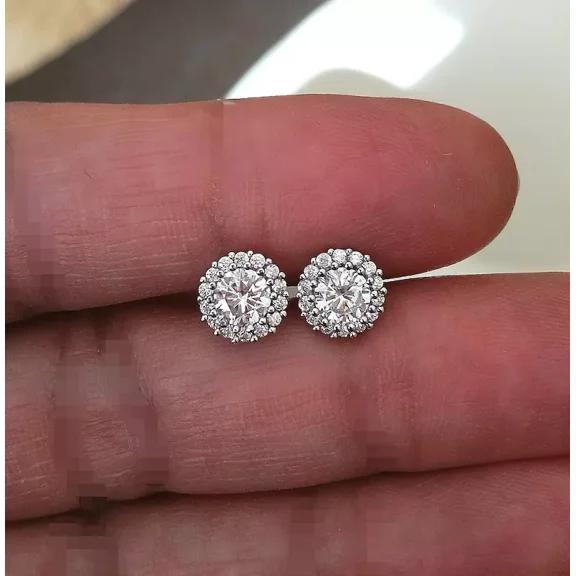 1.62 Ct Round CZ Diamond Halo Stud Earrings, 14K White Gold Plated Sterling Silver