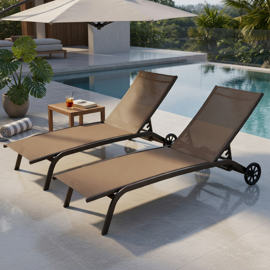 Hommoo 6-Position Adjustable Outdoor Chaise Lounge Chair with Smooth-Rolling Wheels, for Patio, Poolside & Backyard, Brown