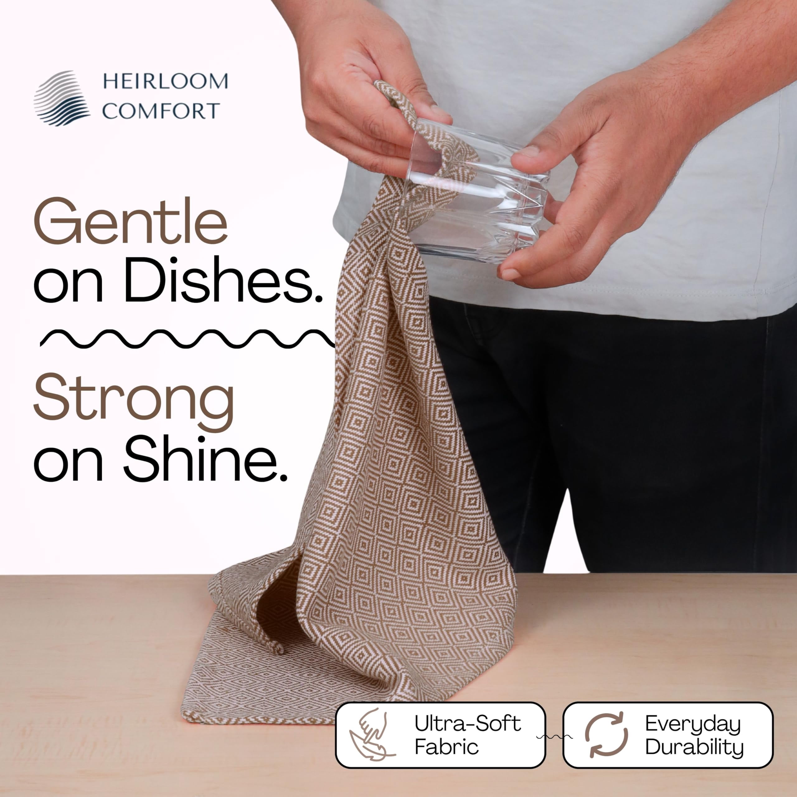 HEIRLOOM COMFORT Brown Dish Towels 3 Pack, Ultra Absorbent, 16"x26", Diamond Weave Towel Set, Reusable, Durable, Quick Dry Cotton Kitchen Towels for Cleaning Counters, Drying Dishes, Everyday Cleanup