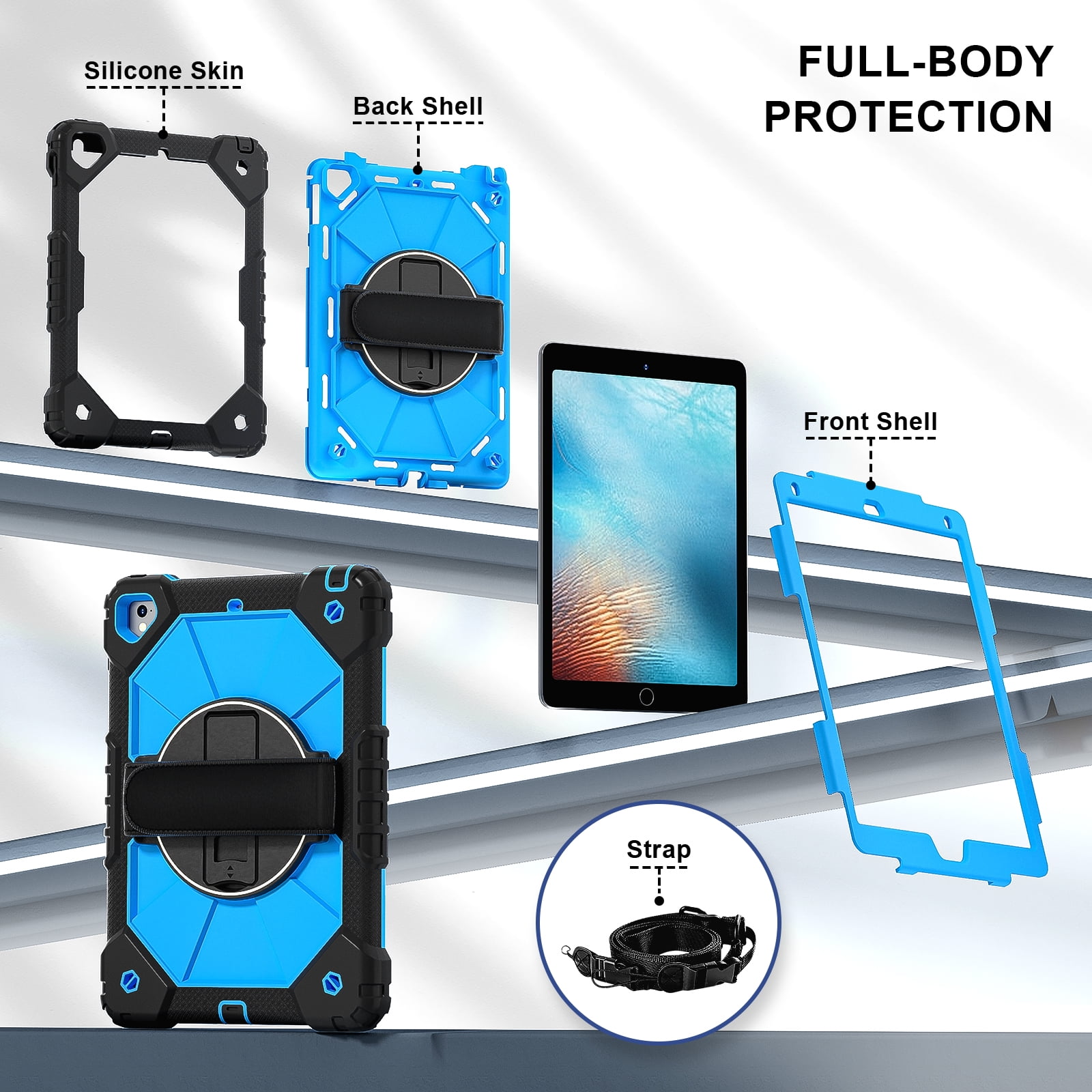 Shockproof Case for Apple iPad 6th 5th Generation 2018 2017 / iPad Air 2 9.7 Inch, Rotating Kickstand Pencil Holder Shoulder Strap Hand Strap Kids Friendly Bumper Cover, Blue+Black