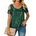 thumbnail image 2 of Yeaiivve Women Sequin Tops Trendy Cold Shoulder Short Sleeves Sparkly Tshirts Crewneck Loose Comfy Glitter T-Shirt Dressy Party Clubwear Green,XXL, 2 of 7