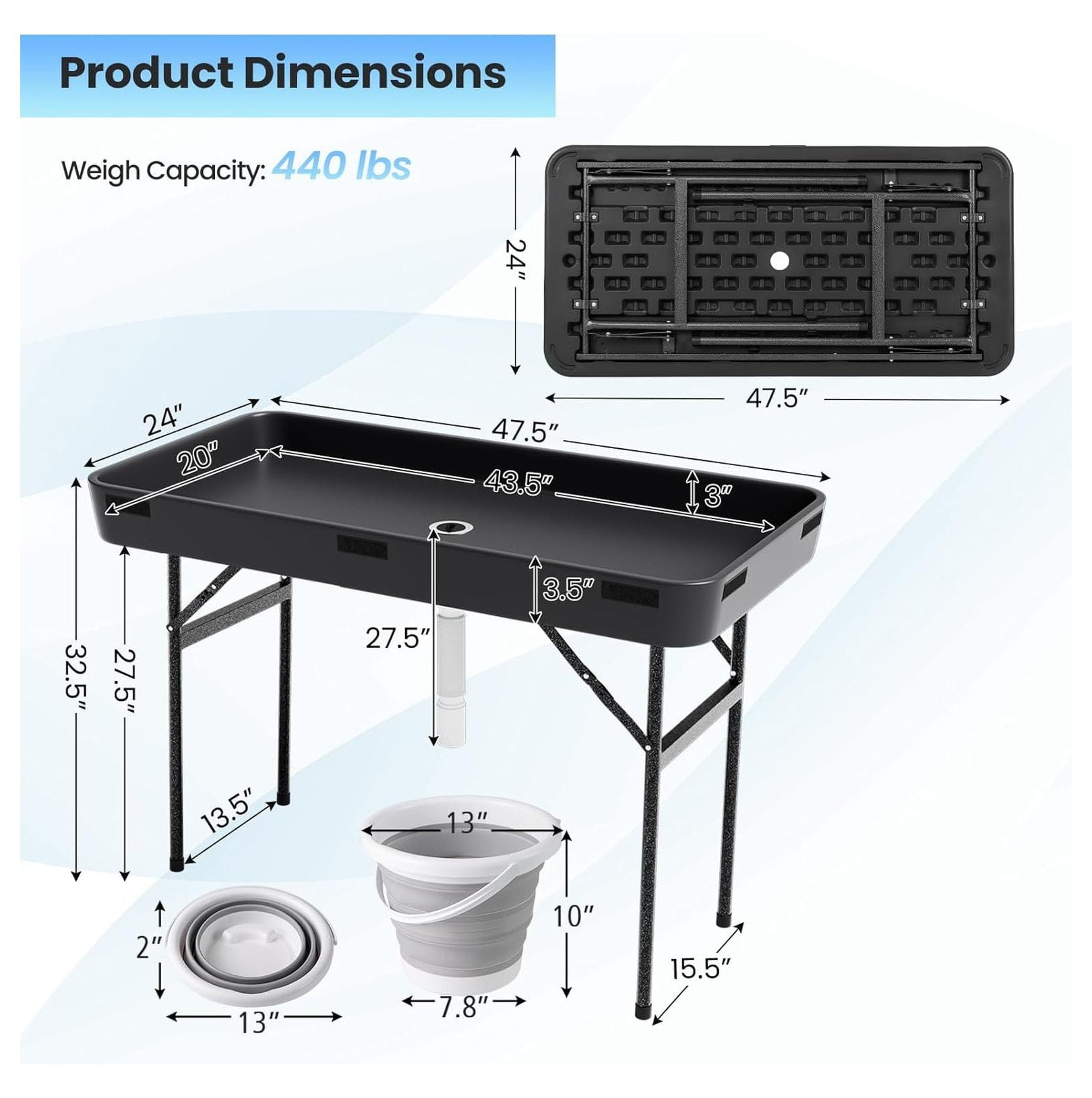 Folding Ice Cooler Table with Matching Skirt, Drain Hose & Bucket, Foldable Beverage Cooler Buffet Cooler Server, Portable Chill Table for Party, Picnic, BBQ, Camping (Black)