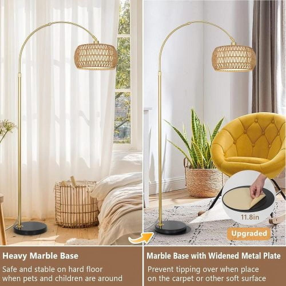 ACE-LIGHTS,Arc Dimmable LED Rattan Boho Floor Lamp with 3 Color Temperature & Remote Control,Standing Lamp,Farmhouse Tall Lamp,Over Couch Arched Reading Light for Living Room,Bedroom,Office(Gold)