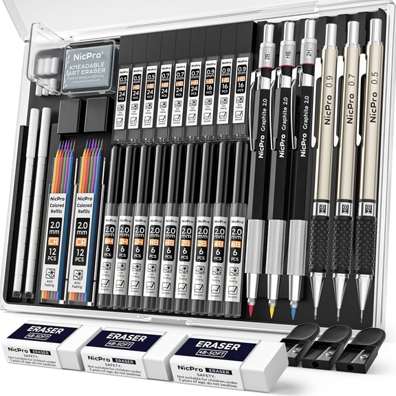 Nicpro 6 Pcs Metal Mechanical Pencils, Drafting Pencil 0.5 mm & 0.7 mm & 0.9 mm & 3 Pcs 2mm Lead Holder (6B 4B 2B HB 2H 4H Colors) with 20 Tube Lead Refills Case