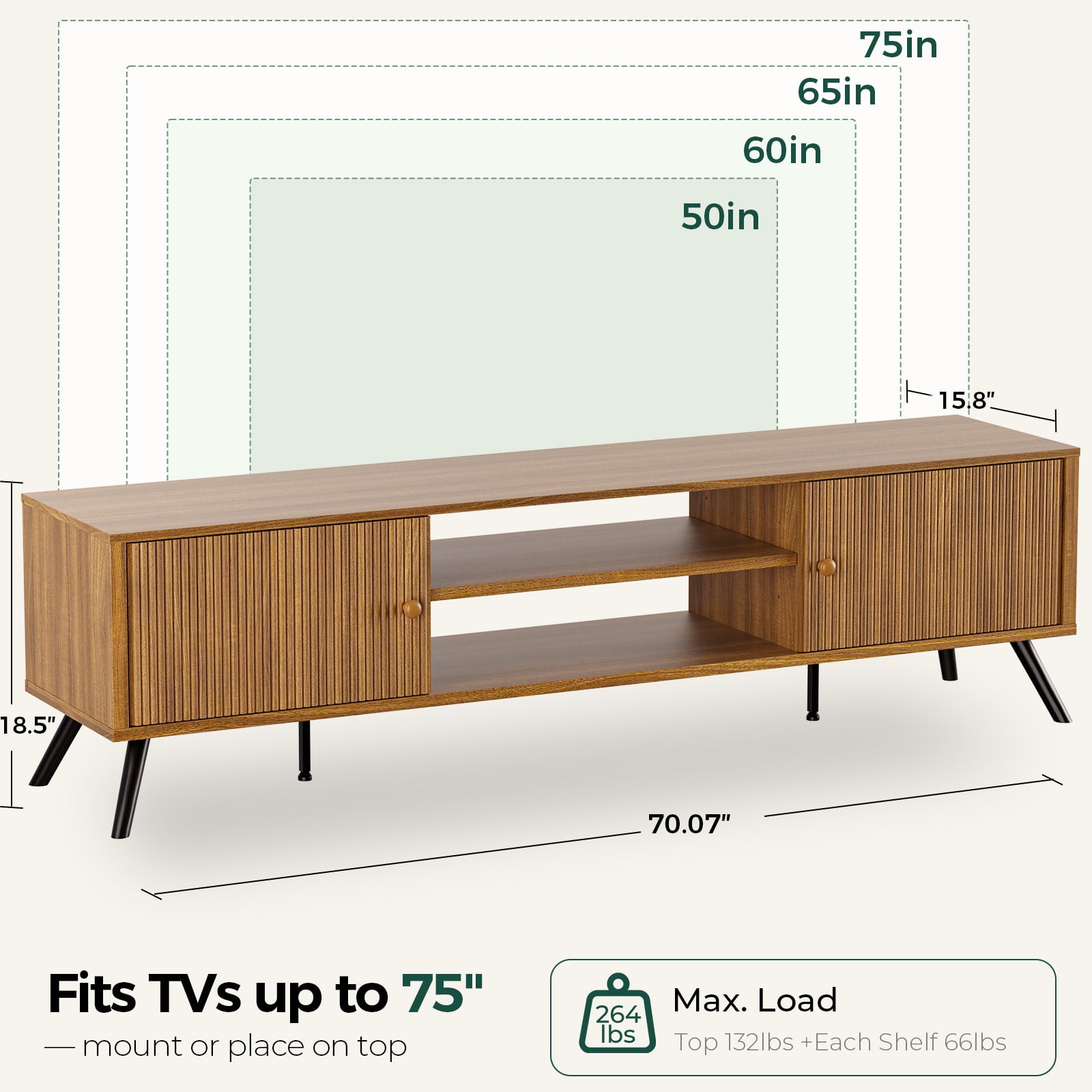 LUCKLIFE 70" Mid Century Modern TV Stand for TVs up to 75", Brown