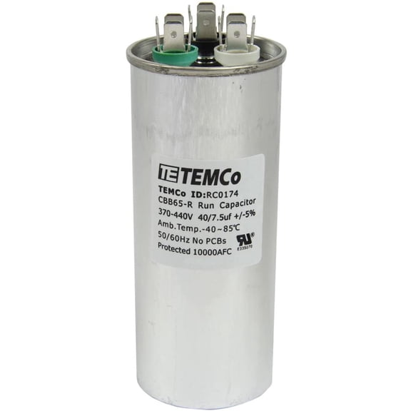 TEMCo 40 7.5 uF Dual Run Capacitor CBB65, 40/7.5 MFD, 370-440V, Round, 50/60Hz