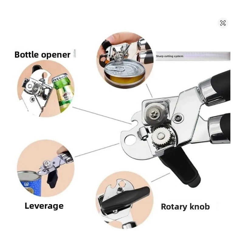 Heavy Duty Stainless Steel Manual Can Opener with Ergonomic Handle for Kitchen Safety Smooth Edge Cut and Built-in Bottle Opener