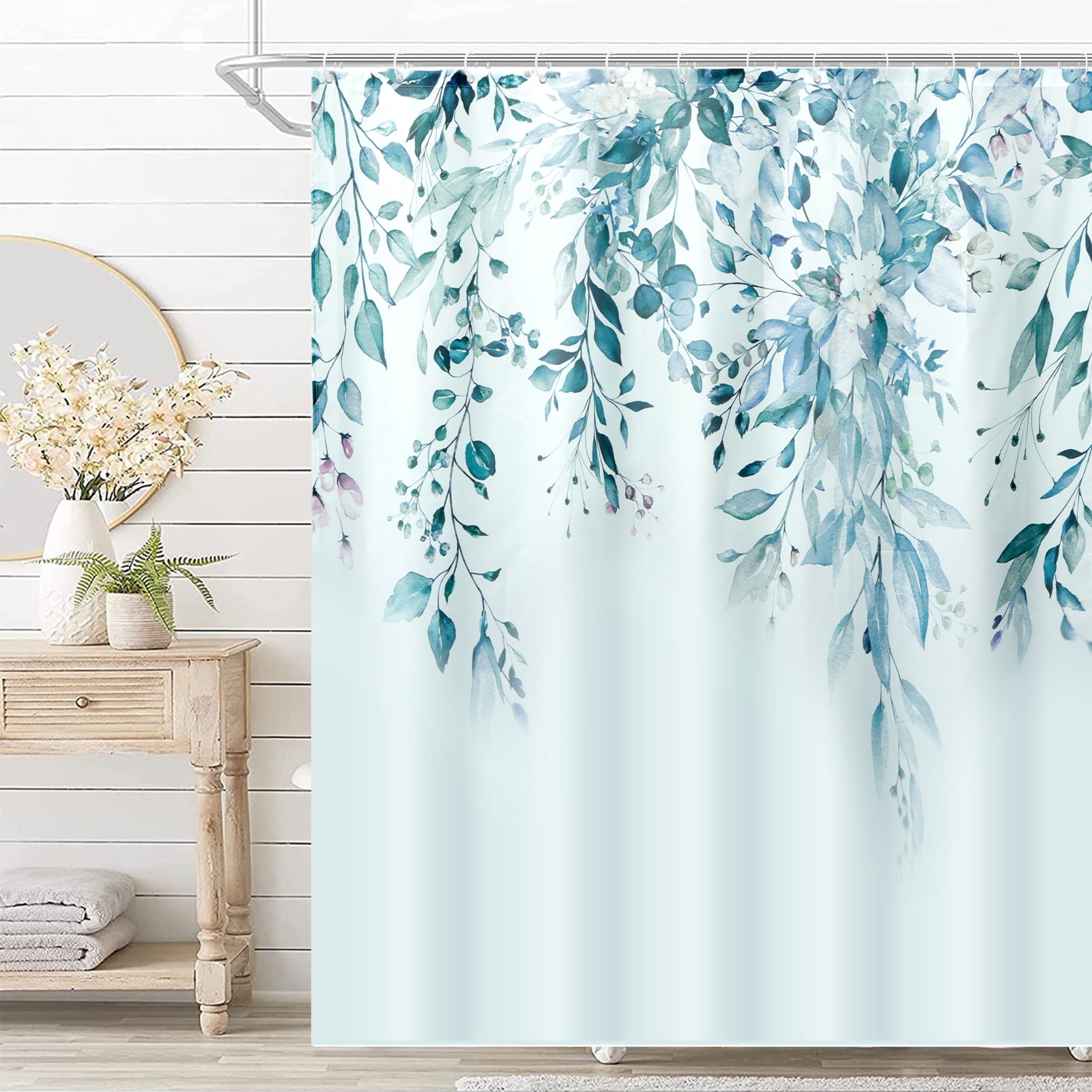 Jokapy Blue Eucalyptus Fabric Shower Curtain, Watercolor Floral Pattern ...