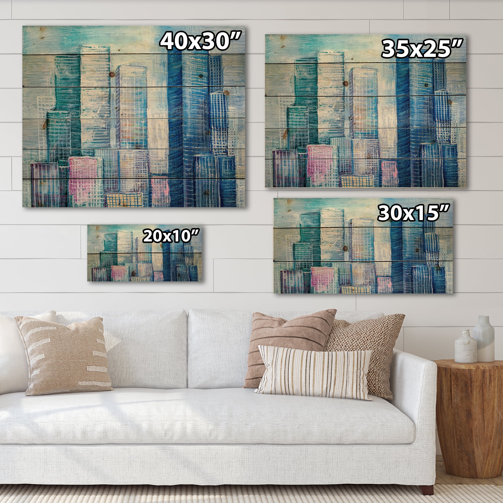 Designart 'Abstract Style Cityscape Panorama Skyscrapers I' Modern Print on Natural Pine Wood