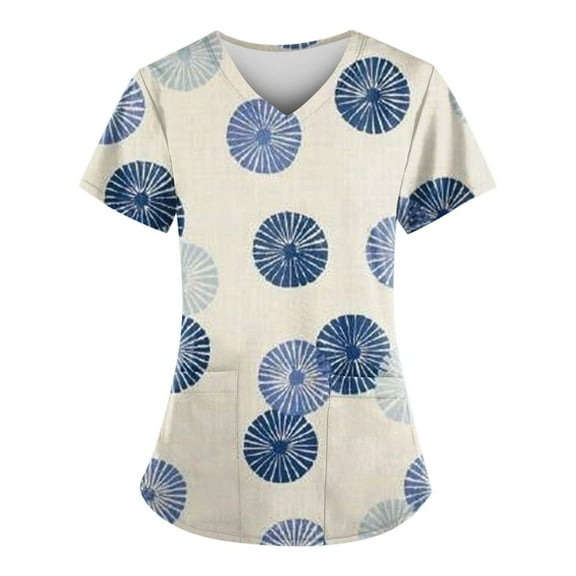 ADSSDQ Womens Scrub Tops Daisy Printed Work Uniform T-Shirt V Neck Short Sleeve Nurse Scrubs Tunic Blouse with Pockets Beige M