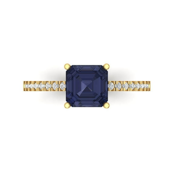 2.7 ct Cushion Cut Simulated Blue Sapphire Solitaire with Simulated Diamond Accents 14K Yellow Gold Womens Engagement Ring