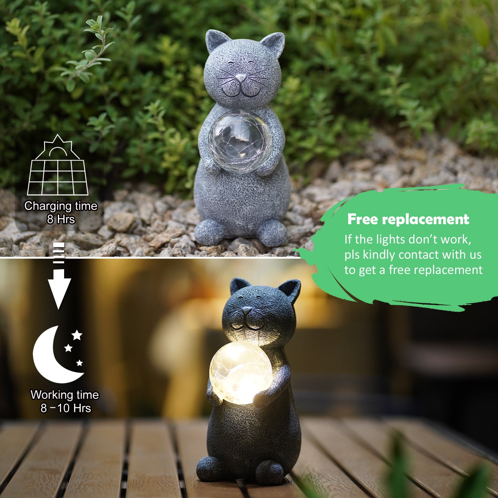 Goodeco Cat Statue Garden Decor Solar Powered LED Lights - Cats Figurines with Gazing Solar Ball Decorations for Patio Lawn Yard Decor - Gifts for Women/Mom Birthday Grey