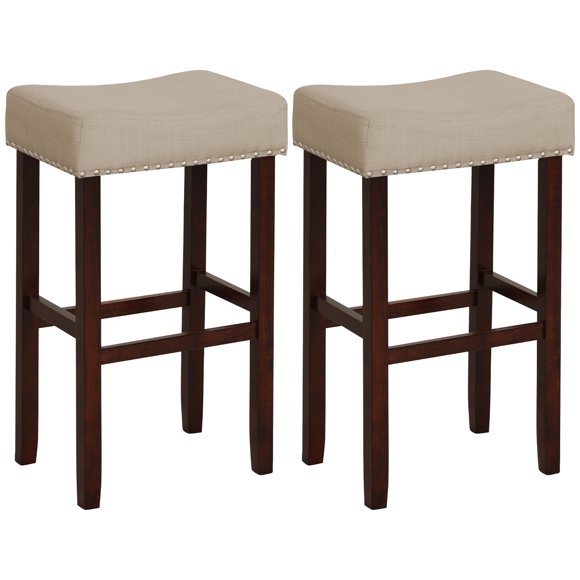 Costway Set of 2 Bar Stools Bar Height Saddle Kitchen Chairs with Wooden Legs Beige