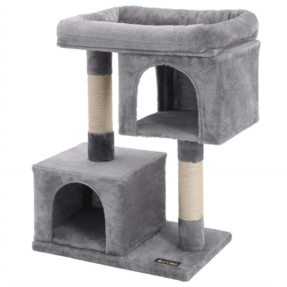 Feandrea Cat Tree, 33.1-Inch Cat Tower, Plush Condo for Large Cats up to 16 lb, Large Perch, 2 Caves, Scratching Post, Light Gray UPCT61W