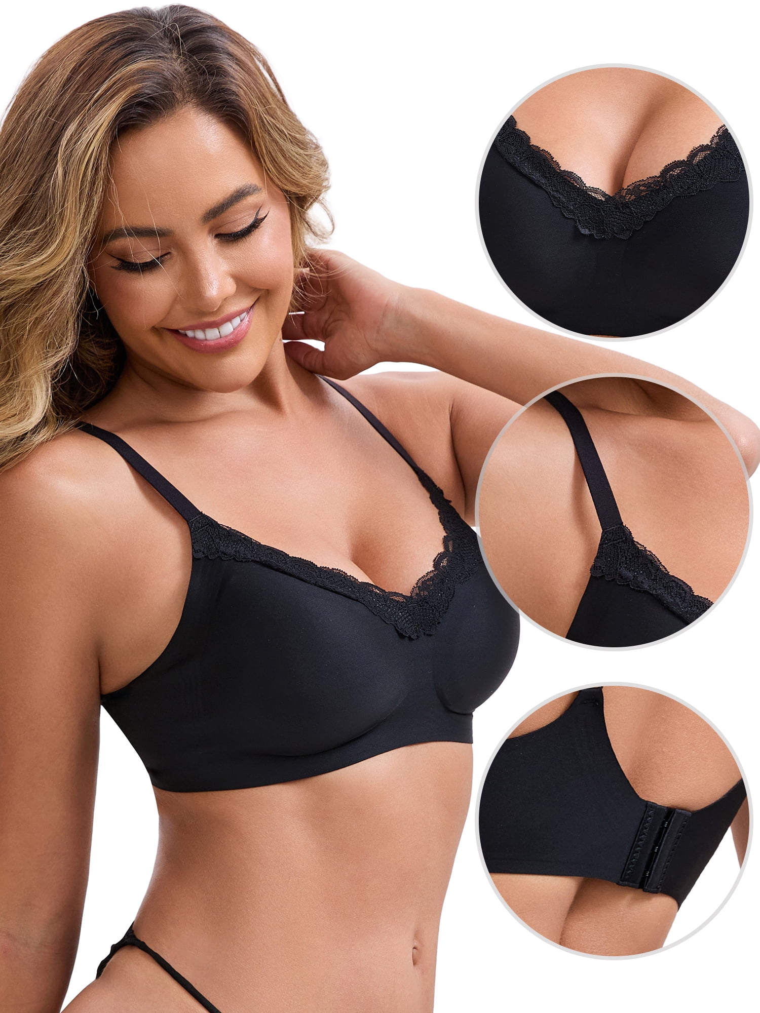 DARING DIVA Lace Trim V-Neck Wireless Bra Adjustable Spaghetti Straps Lift Up XL Black