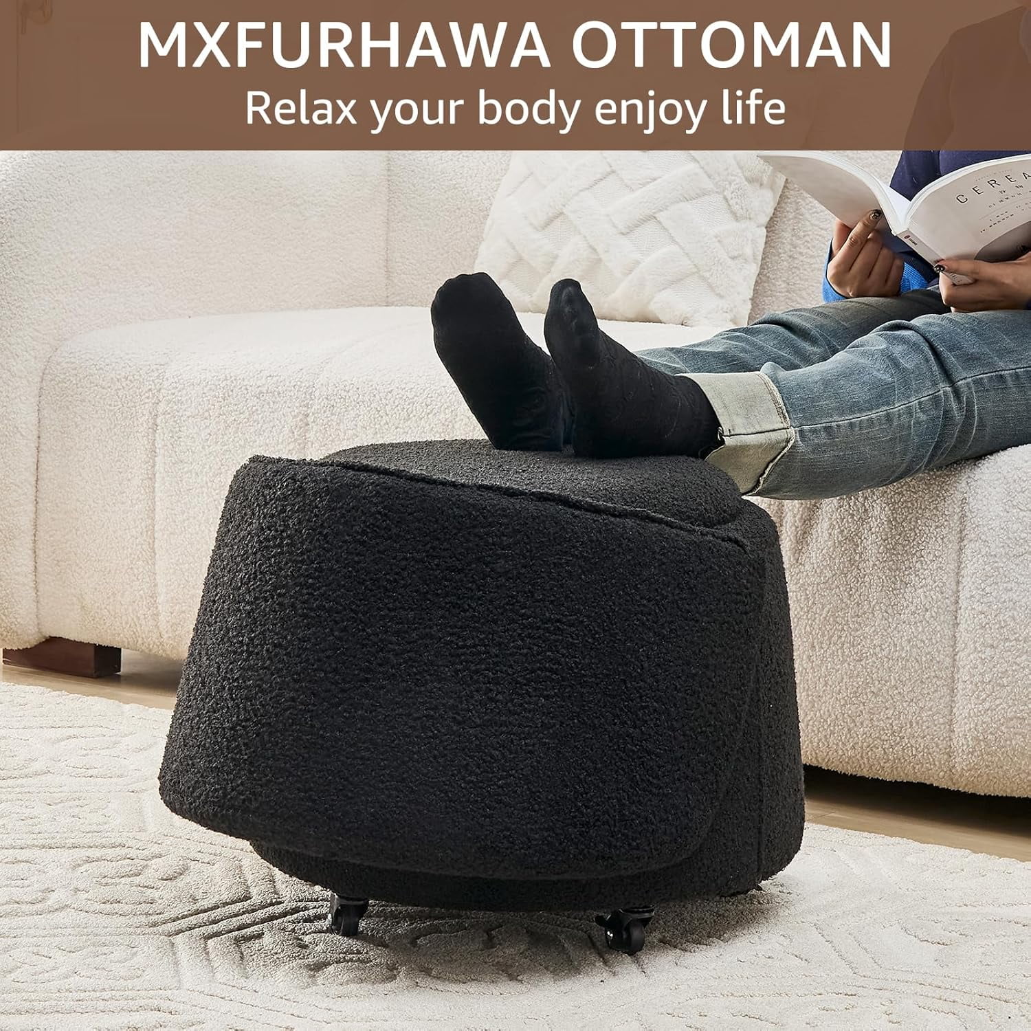Mxfurhawa Modern Velvet Storage Ottoman – Vanity Stool with Backrest & 5 Rolling Wheels, Small Footstool for Makeup, Bedroom, or Extra Seating (Black)