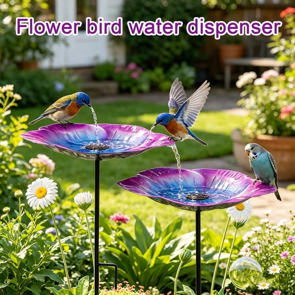 All Weather Metal Bird Bath, Outdoor Decor, Handmade Metal Flower Garden Stake, Garden Decorations, Purple Flower Shaped 24X10X25 Inch Ground-Stake Bird Water Station for Wild