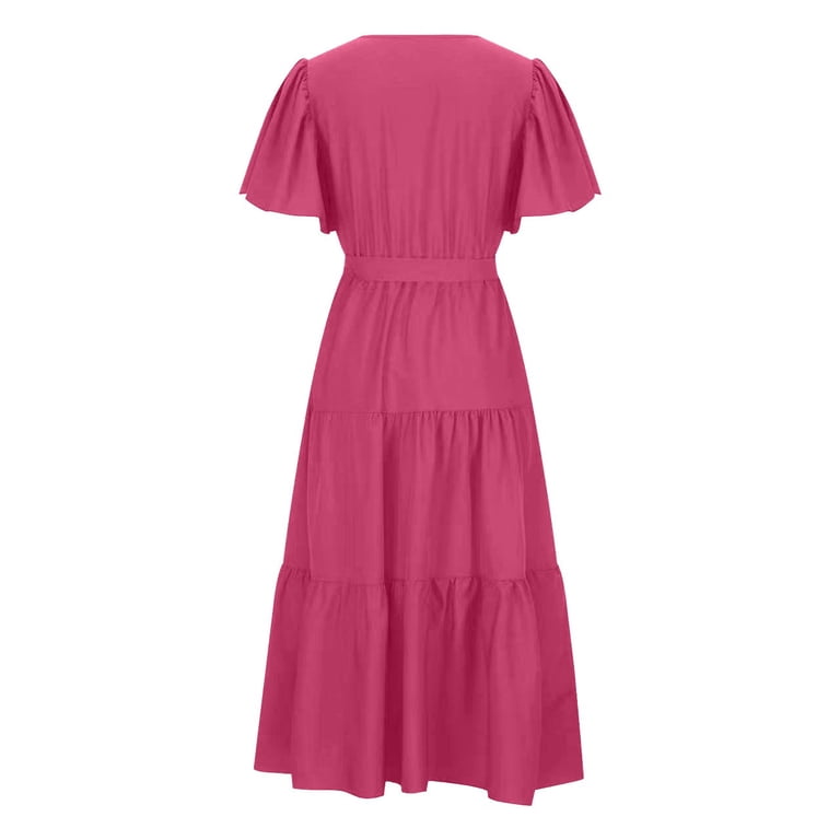 petite short sleeve summer dresses SHEIN PETITE Women's Solid Color Round Neck Pleated Casual Party Holiday Short Sleeve Dress Black Summer