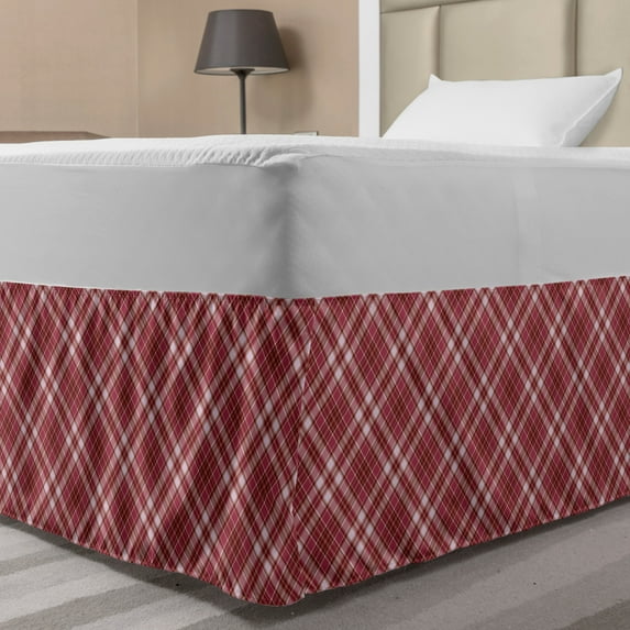 Checkered Bed Skirt, Diagonal Checkered Pattern with Strips and Rhombus in Rose Tones, Elastic Bedskirt Dust Ruffle Wrap Around for Bedding Decor, 4 Sizes, Dried Rose White, by Ambesonne