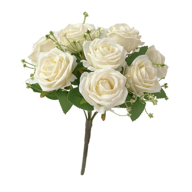 Rosas artificiales de tela, flores y plantas, ramo de rosas de 30 cm, adornos para el hogar Blanco