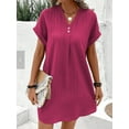 thumbnail image 5 of Summer Dresses for Women 2025 Casual Button V Neck Short Sleeve Tunics A Line Ribbed Mini T Shirt Dress Rose Red L, 5 of 7