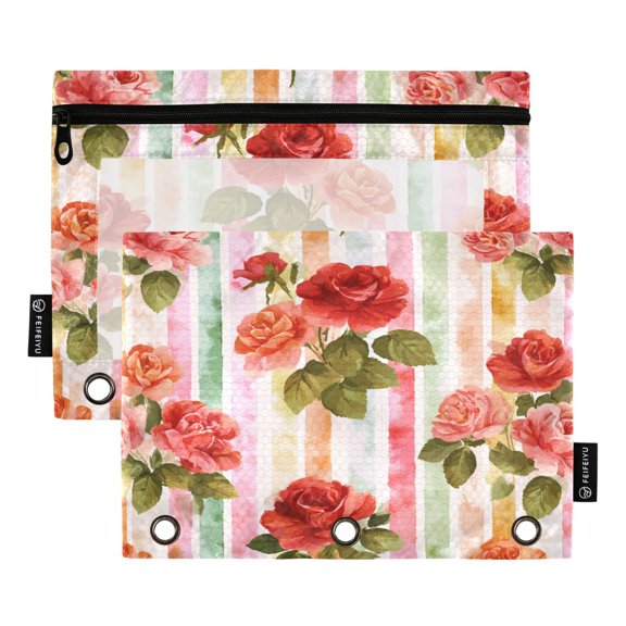 2 Pack 3 Ring Binder Pouch with Clear PVC Window Water Resistant Zipper Pencil Pouch Roses on A Rainbow Background Binder Pocket for Classroom Office Home Stationery Organization