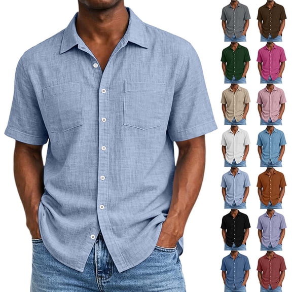 Jovrlynd Mens Button Down Short Sleeve Shirt Cotton Linen Summer Shirts with Pockets Fashion Casual Business Shirt, S-2XL