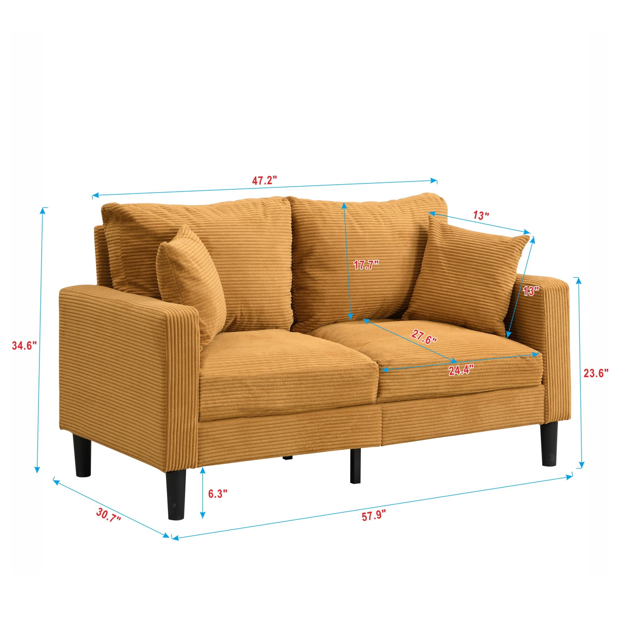 57" Loveseat Sofa Couch,Modern Upholstered Comfy Sofa with 2 Pillows for Living Room Bedroom Apartment Small Space,Orange