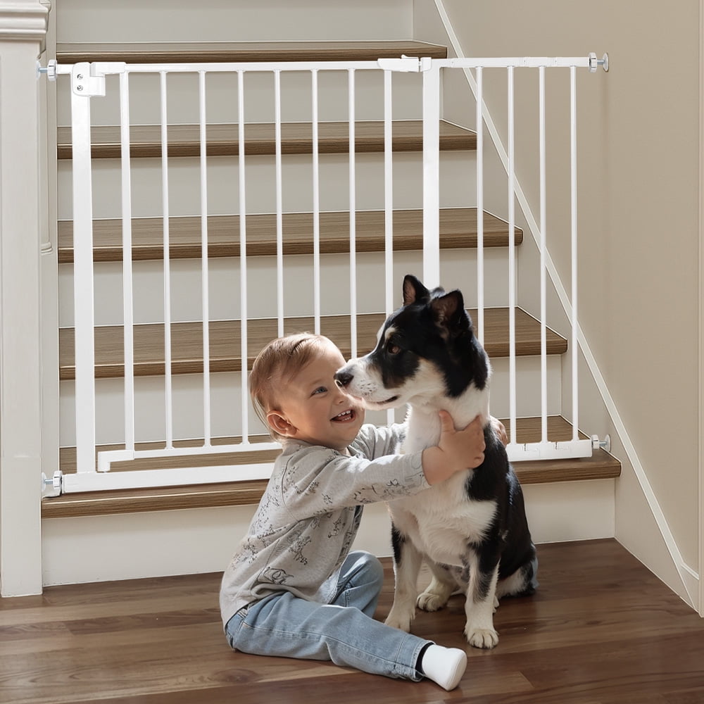Pet Gate, Domipet 29.5"-43.3" Extra Wide Safety Pet Gate for Stairs Doorways, Top of Stairs, White