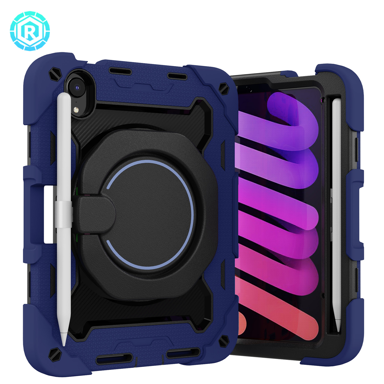 3-in-1 Case for Apple iPad Mini 2021 (8.3 Inch, 6th Generation) Tablet - Shockproof Drop Proof Rugged Cover, Built-in Pencil Holder /Kickstand /Handle, Protective Hard Shell (Dark Blue)