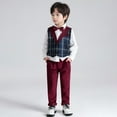 thumbnail image 2 of Ruiwill Boys Outfit Set Childrens Three Piece Suit With Vest Stylish Checkered Design For Party Celebrations Formal Events Long Sleeve Crew Neck Print Boy Clothes Red Size 18-24 Months, 2 of 8
