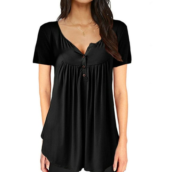 Wycnly Womens Blouses and Tops Dressy Flowy Pleated Swing Button Down Plus Size Henley Shirts Tunic 2024 Summer V-Neck Short Sleeve Solid Casual Blouses Black XXXL