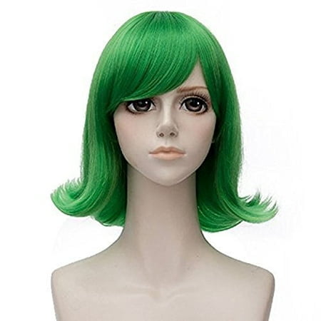 Anogol Hair Cap+Short Wavy Cosplay Wig Green Hair Costume Halloween Wigs