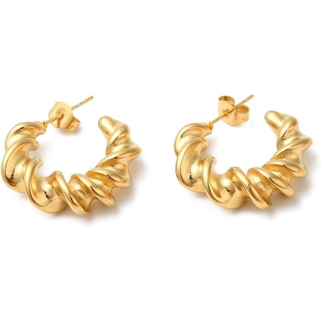 1 Pair 304 Stainless Steel Twist Round Earrings Half Hoop Earrings Real 18K Gold Plated Cartilage Earrings for Women Birthday Festival Elegant Gifts Personalized Jewelry 24x7.5mm Gold