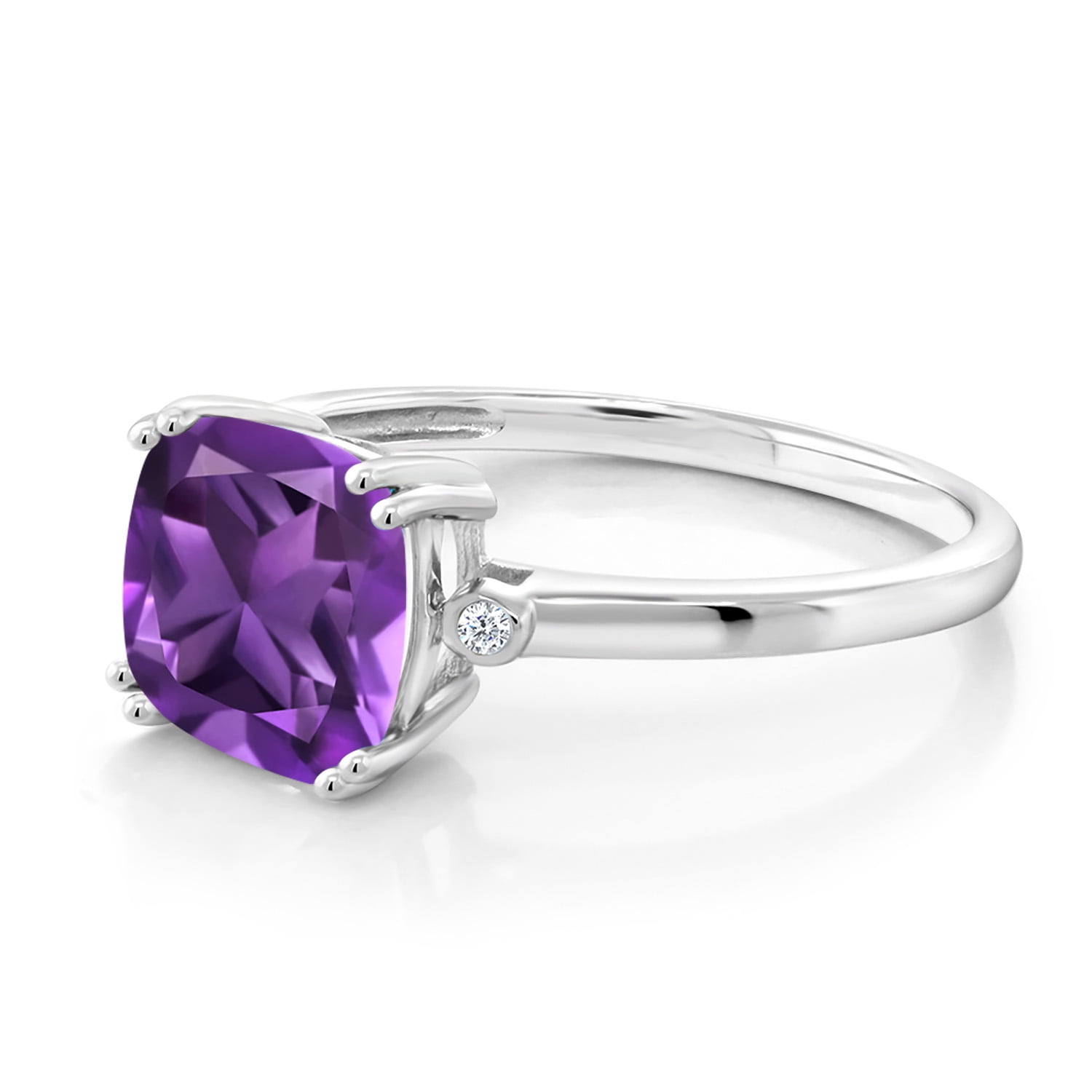 Gem Stone King 2.11 Ct Cushion Purple Amethyst White Diamond 10K White Gold Ring