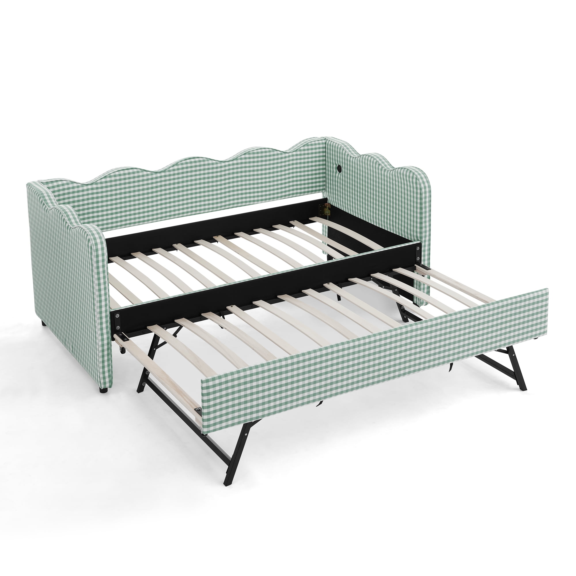 GARITIN Twin Size Daybed with Trundle, Gingham Sofa Bed with USB Port and Wavy Shape Headboard for Kids Room, Cyan