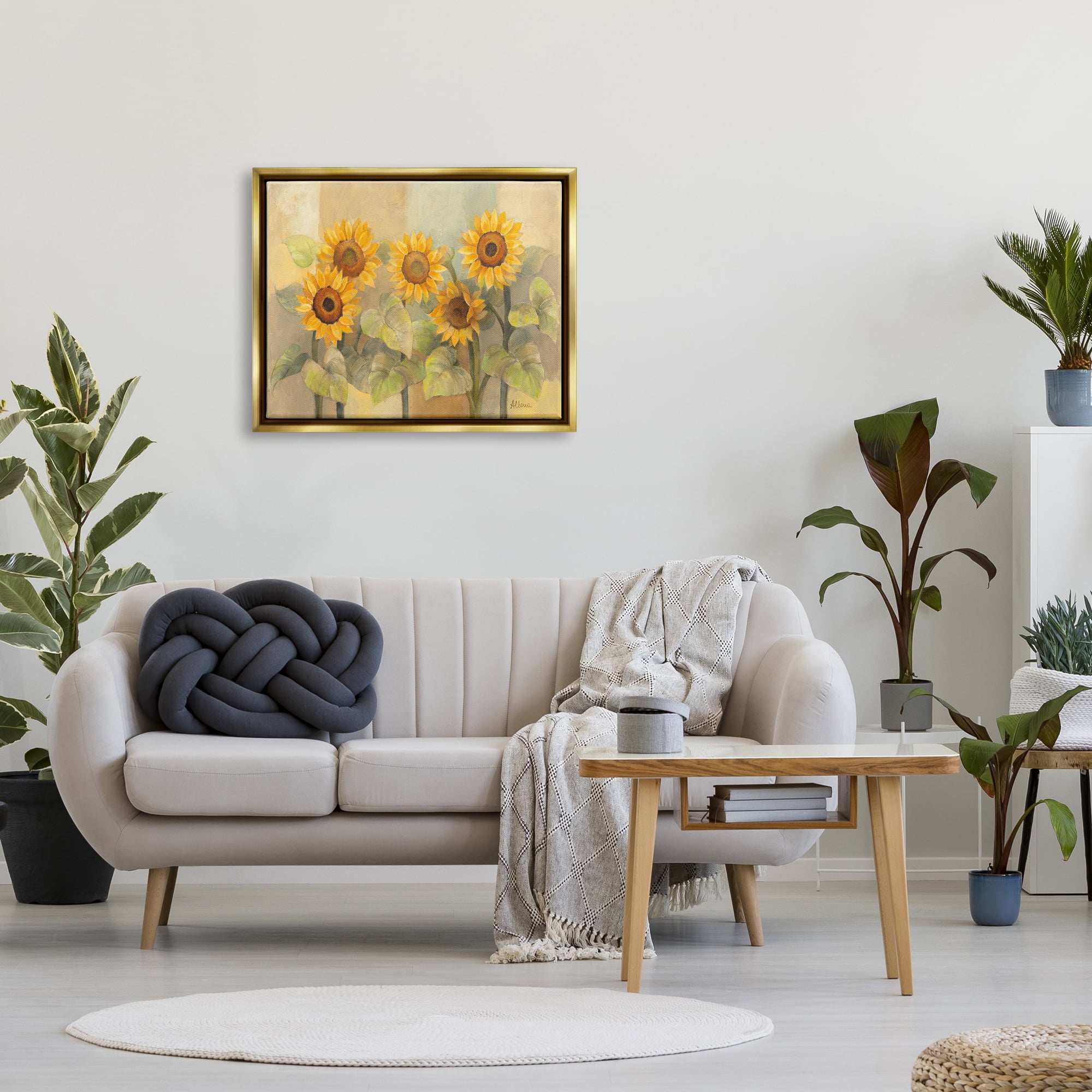 Stupell Industries Soft Vintage Sunflower Floral Field Yellow Green Metallic Gold Framed Floating Canvas Wall Art, 24x30, by Albena Hristova